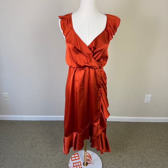 Show Me Your Mumu Samantha Ruffle Wrap Satin Midi Dress US Women's XS - Picture 2 of 7